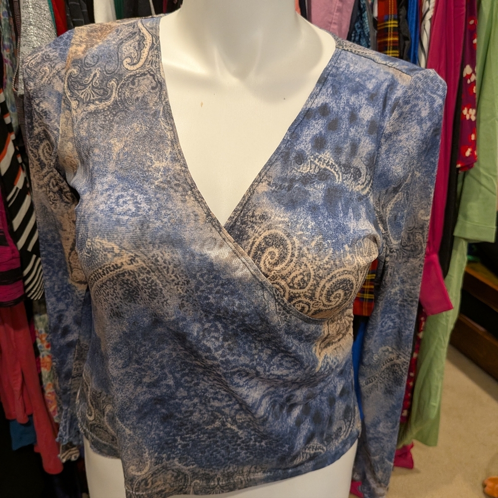 Vintage INC International Concepts Blue and Beige Paisley Blouse - XL